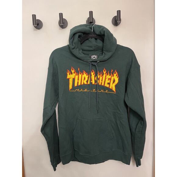 Thrasher Hoodie Men Large Green Flames Fleece Long Sleeves Skateboard Thick S - Picture 1 of 6